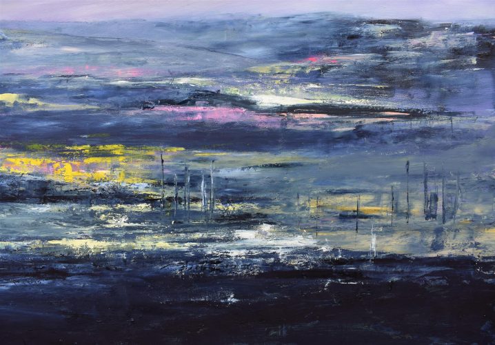 Quadro "Armonia dopo il Tramonto" di Pina Gurrieri. Soggetto: Paesaggio. Dipinto olio su tela, dimensioni: 100 W x 90 H x 2.5 D cm