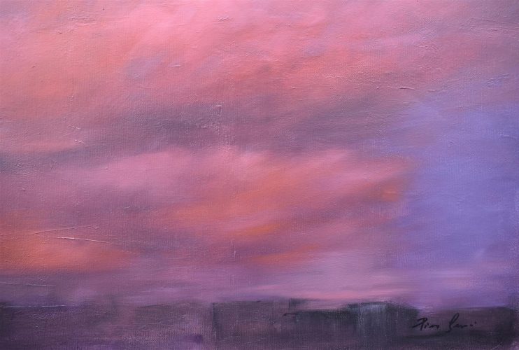 Quadro "Nuvole Rosse" di Pina Gurrieri. Soggetto: Paesaggio. Dipinto olio su tela, dimensioni: 60 W x 70 H x 2.5 D cm