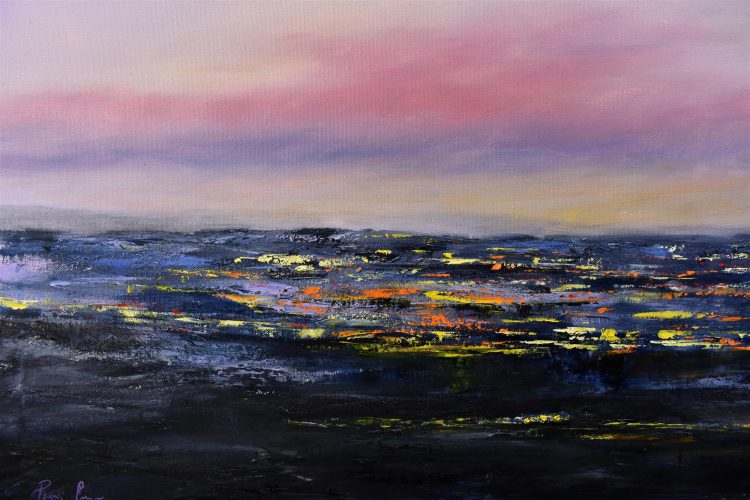 Quadro "Città in Lontananza" di Pina Gurrieri. Soggetto: Paesaggio. Dipinto olio su tela, dimensioni: 90 W x 80 H x 2.5 D cm