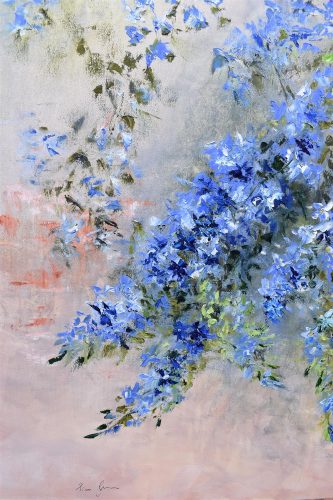 Quadro "Fiori Azzurri" di Pina Gurrieri. Soggetto: Floreale. Dipinto olio su tela, dimensioni: 80 W x 70 H x 2.5 D cm