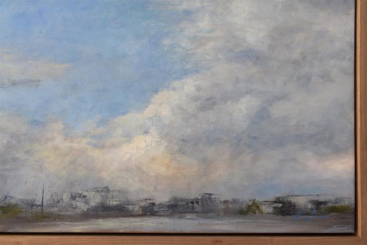 Quadro "Foschia dopo il Tramonto" di Pina Gurrieri. Soggetto: Paesaggio. Dipinto acrilico su tela, dimensioni: 47 W x 47 H x 0.1 D cm