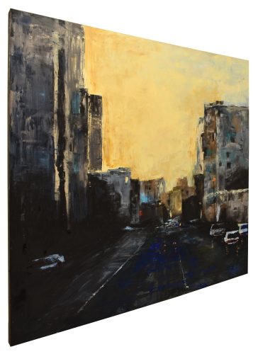 Quadro "Il Sole dietro la Città" di Pina Gurrieri. Soggetto: Paesaggio. Dipinto acrilico su tela, dimensioni: 80 W x 90 H x 0.1 D cm
