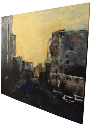 Quadro "Il Sole dietro la Città" di Pina Gurrieri. Soggetto: Paesaggio. Dipinto acrilico su tela, dimensioni: 80 W x 90 H x 0.1 D cm