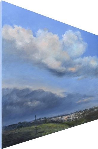 Quadro "Luce tra le Nuvole" di Pina Gurrieri. Soggetto: Paesaggio. Dipinto olio su tela, dimensioni: 100 W x 90 H x 2.5 D cm