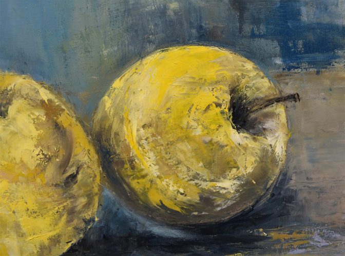 Quadro "Mele Gialle" di Pina Gurrieri. Soggetto: Natura Morta. Dipinto olio su tela, dimensioni: 60 W x 60 H x 2.5 D cm