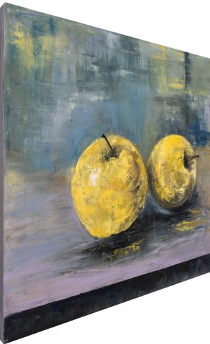 Quadro "Mele Gialle" di Pina Gurrieri. Soggetto: Natura Morta. Dipinto olio su tela, dimensioni: 60 W x 60 H x 2.5 D cm