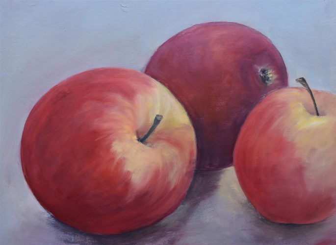 Quadro "Mele" di Pina Gurrieri. Soggetto: Natura Morta. Dipinto olio su tela, dimensioni: 60 W x 50 H x 2.5 D cm