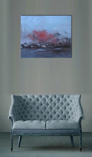 Quadro "Miniera in Lontananza" di Pina Gurrieri. Soggetto: Paesaggio. Dipinto olio su tela, dimensioni: 60 W x 50 H x 0.5 D cm
