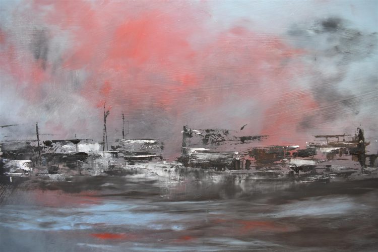 Quadro "Miniera in Lontananza" di Pina Gurrieri. Soggetto: Paesaggio. Dipinto olio su tela, dimensioni: 60 W x 50 H x 0.5 D cm