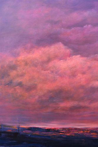 Quadro "Notturno Infuocato" di Pina Gurrieri. Soggetto: Paesaggio. Dipinto olio su tela, dimensioni: 80 W x 90 H x 2.5 D cm