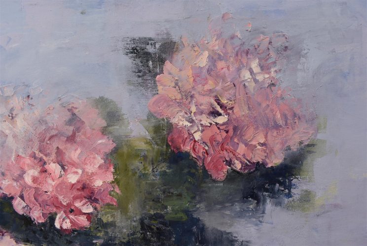 Quadro "Ortensie Rosa" di Pina Gurrieri. Soggetto: Floreale. Dipinto olio su tela, dimensioni: 60 W x 70 H x 0.1 D cm