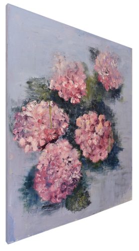 Quadro "Ortensie Rosa" di Pina Gurrieri. Soggetto: Floreale. Dipinto olio su tela, dimensioni: 60 W x 70 H x 0.1 D cm
