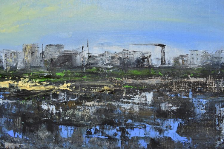 Quadro "Riflessi Blu" di Pina Gurrieri. Soggetto: Paesaggio. Dipinto acrilico su tela, dimensioni: 54 W x 29 H x 0.1 D cm