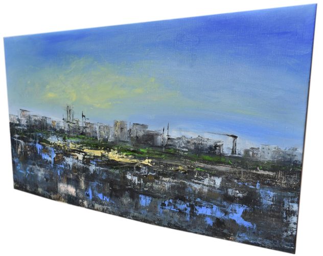 Quadro "Riflessi Blu" di Pina Gurrieri. Soggetto: Paesaggio. Dipinto acrilico su tela, dimensioni: 54 W x 29 H x 0.1 D cm