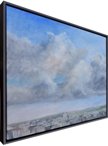 Quadro "Risveglio in Città" di Pina Gurrieri. Soggetto: Paesaggio. Dipinto olio su tela, dimensioni: 53 W x 42 H x 2.5 D cm