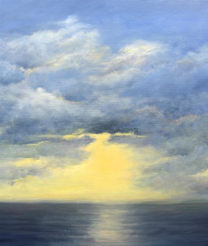 Quadro "Ultimi Raggi" di Pina Gurrieri. Soggetto: Paesaggio Marino. Dipinto olio su tela, dimensioni: 70 W x 100 H x 2.5 D cm